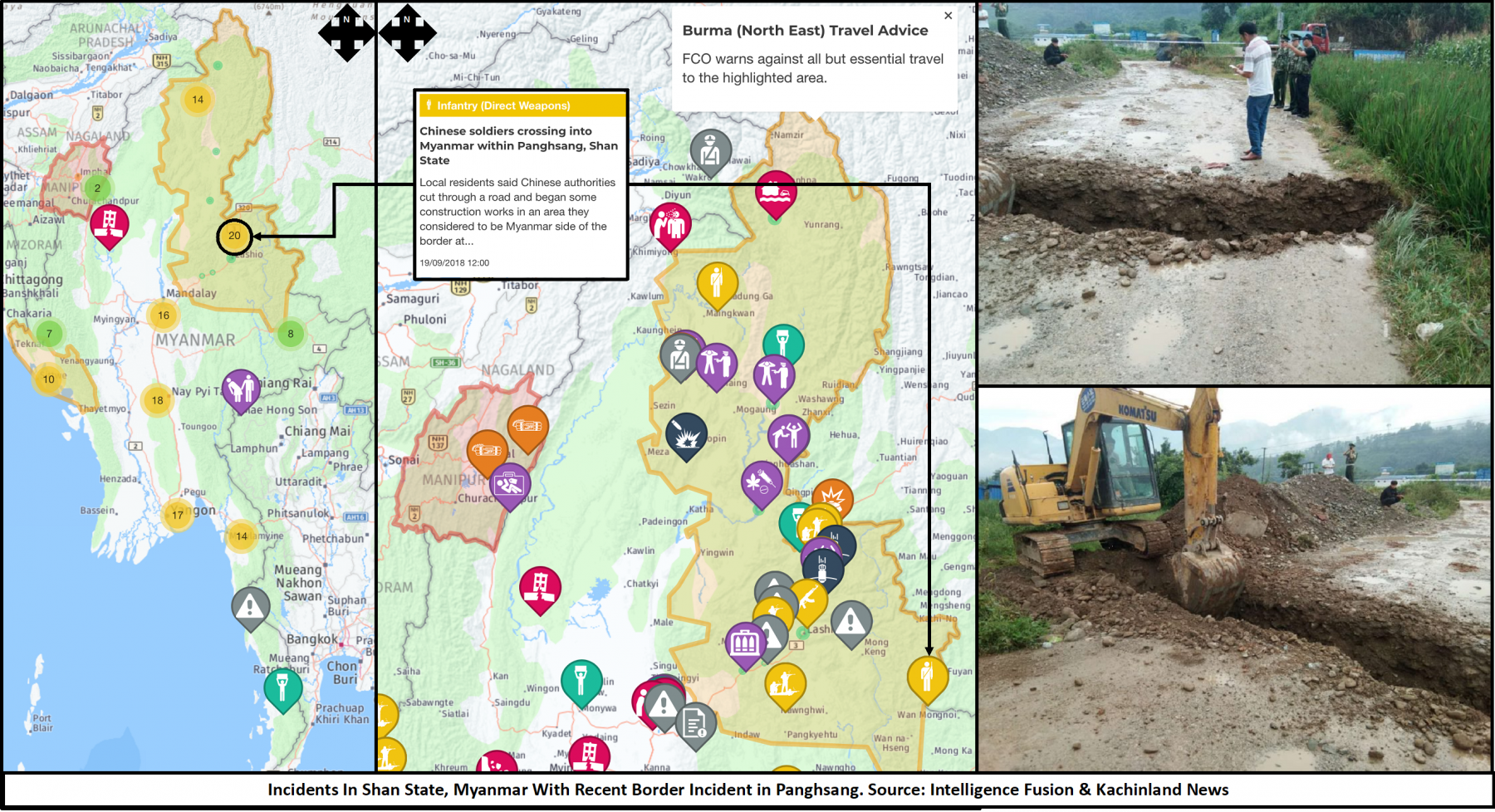 A map showing the incidents across Shan State and a With Recent Border Incident in Panghsang, Myanmar